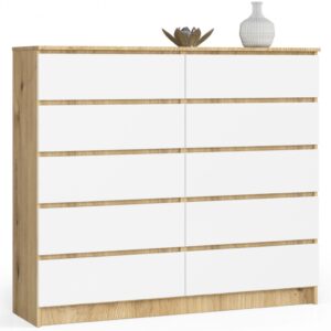 0238722a3882b267e96ac32801b9e021f87db040 Komoda do sypialni, STILO, 10 szuflad, 140x40x121 cm, dąb artisan, biel, mat