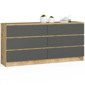 094b5027c9c36150b4c353e5c38f7e7ed2b80f70 Komoda do sypialni, STILO, 6 szuflad, 160x40x77 cm, dąb artisan, grafit szary, mat