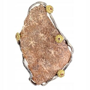 Broszka srebrna granaty fossil koral skamielina