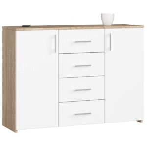4bc4a5e20a83c25a475964c95e37553eb4fd2742 Komoda do sypialni, drzwi, 4 szuflady, LENA, 110x35x80 cm, dąb sonoma, biel, mat