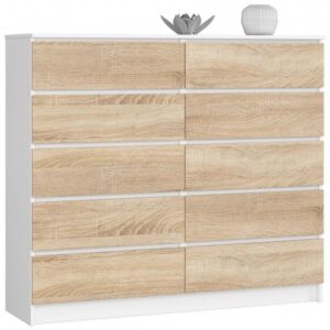 e8cbeb45f31623fb104beb9c354bcf639a30a939 Komoda do sypialni, STILO, 10 szuflad, 140x40x121 cm, biel, dąb sonoma, mat